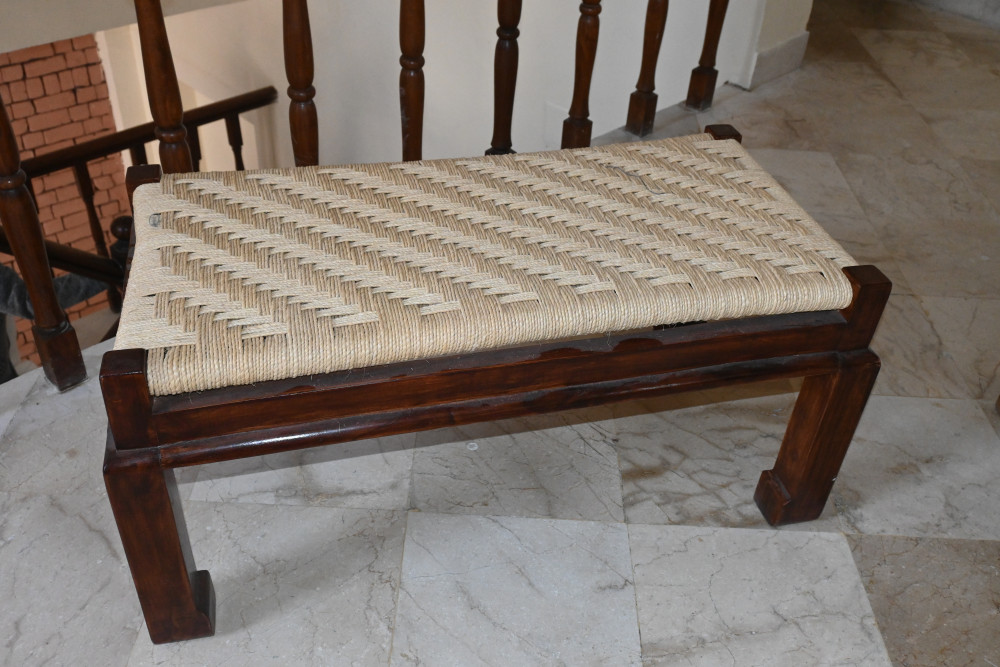 Wooden sitting stool double jute weveing