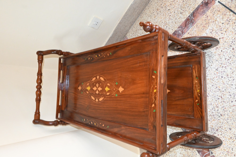 Tea trolley with wooden inlay work